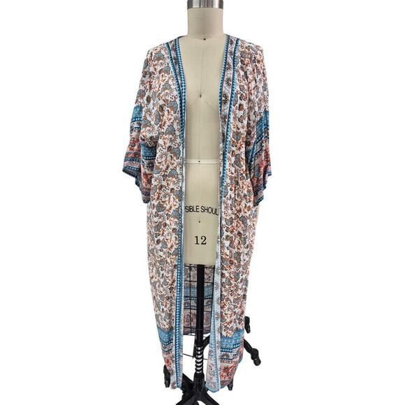 Other - Kimono Style lightweight Floral Border Print BoHo coat full length Cotton O/S